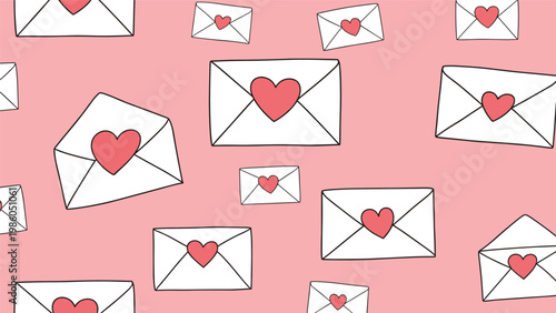 Romantic seamless pattern of hand-drawn white envelopes with red hearts on a soft pink background for love and Valentine's Day.