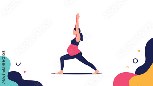 Healthy pregnant woman practicing yoga in a warrior pose for fitness and wellness during pregnancy on a clean background.