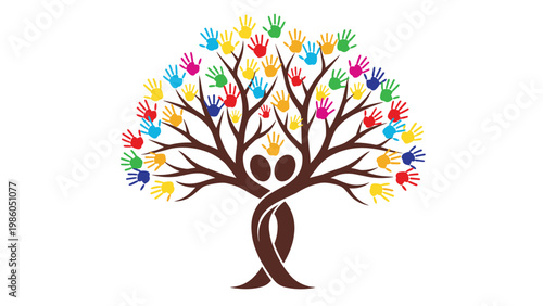 Creative illustration of a tree where the trunk is formed by two people and the leaves are various colorful handprints for unity.