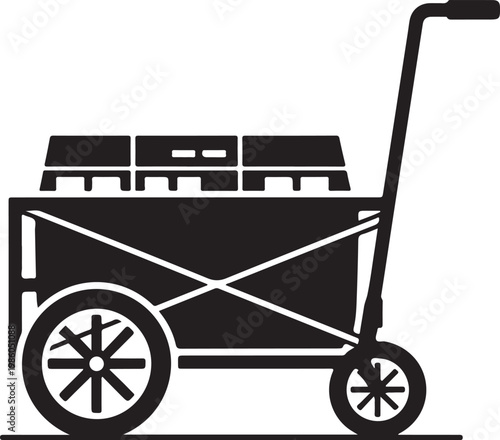 Black luggage cart, travel trolley, vector icon, transportation symbol, airport equipment