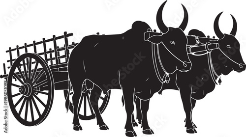 Black, oxen, cattle, farm, vector, illustration, animals, draft, wagon, rural