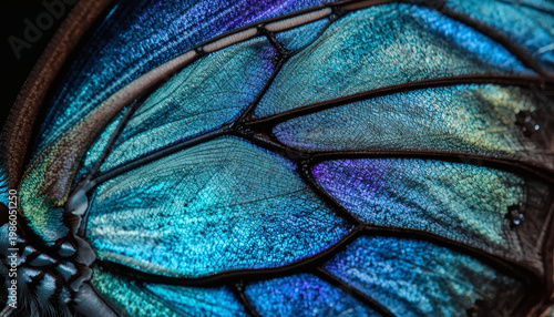 Iridescent Morpho butterfly wing scales macro. Biomimicry texture.