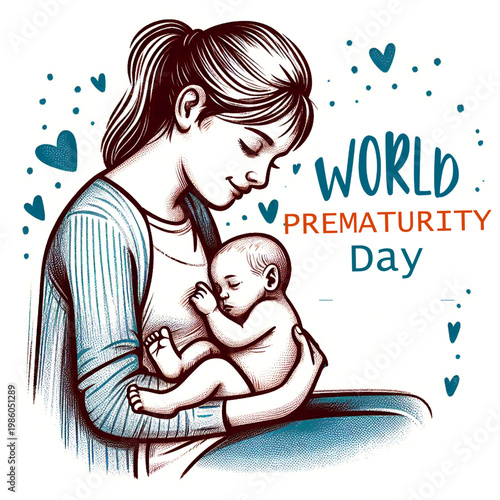 Touching vector illustration of a mother lovingly holding her baby for World Prematurity Day.