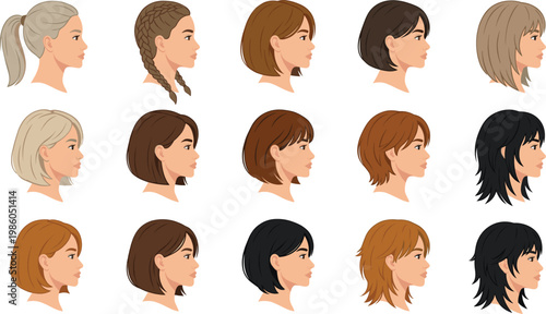Women short hairstyles profile view collection, female haircuts and natural colors set, flat vector illustration