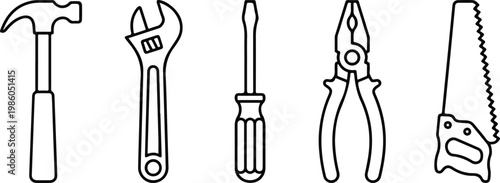 Hand tool set line art illustration including hammer, wrench, screwdriver, pliers, and saw.