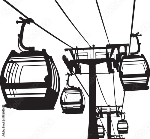 Cable cars, gondolas, ski lifts, aerial transportation, black icons, vector graphics