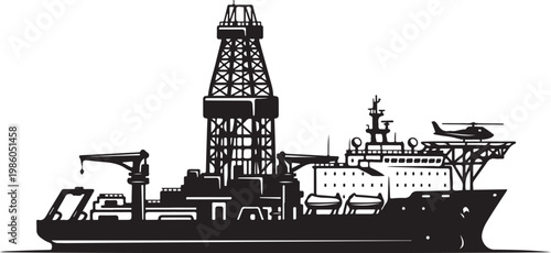 Offshore Oil Rig Ship, Drilling Platform Vessel, Black Vector Illustration, Industrial Maritime Icon