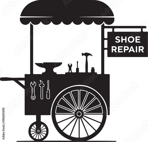Black shoe repair cart, vector illustration, shoe fixing tools, mobile repair service