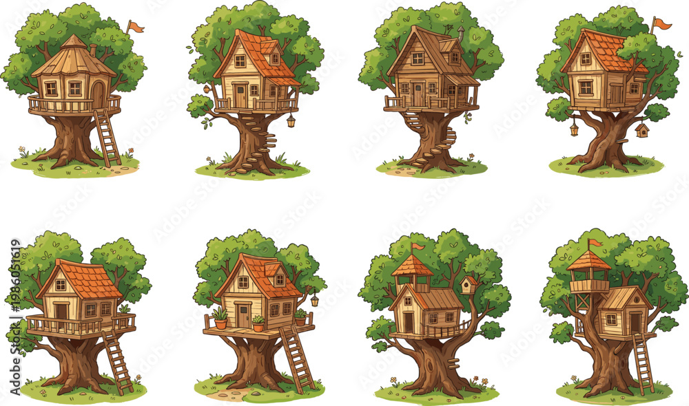Fototapeta premium wooden treehouses for children with ladders and flags, vector illustration set