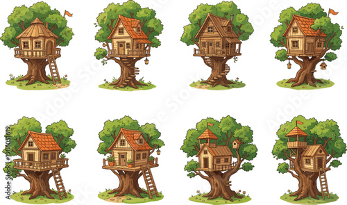 wooden treehouses for children with ladders and flags, vector illustration set