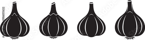 Collection of four black and white stylized garlic bulb illustrations, perfect for culinary designs, health blogs, or grocery store branding elements representing fresh produce and natural flavors