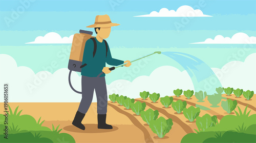 Farmer Spraying Crops with Backpack Sprayer in Agricultural Field