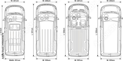 Van technical drawing top view set, commercial vehicle dimensions blueprint with width and length, vector illustration