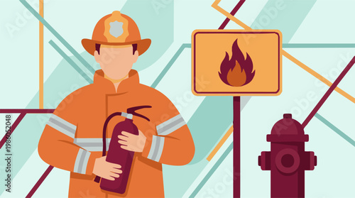 Firefighter holding an extinguisher with fire safety sign and hydrant