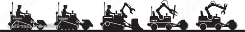 Heavy machinery icons, construction equipment silhouettes, excavator and tractor vector graphics, industrial vehicle illustrations