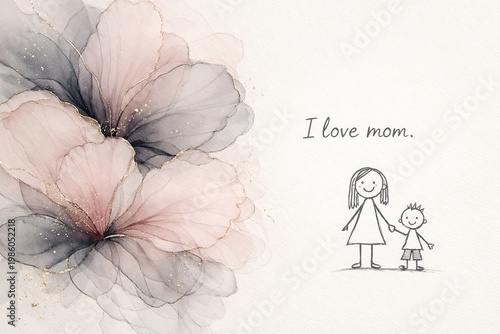 Colorful watercolor abstract flower hibiscus flower with simple childish drawing and message I LOVE MOM in soft pastel tones of pink and gray. love for mother, Mother's Day, greeting card.