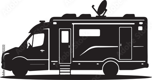 Motorhome, RV, camper van, recreational vehicle, travel trailer, black silhouette, vector icon
