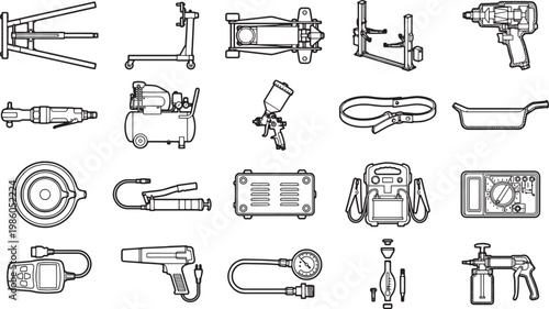 Collection of illustrated tools of trade used in diverse industries. Illustrative rendering with black outline. 