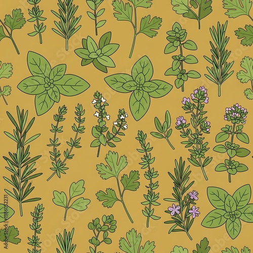 Seamless Pattern of Fresh Culinary Herbs and Spices