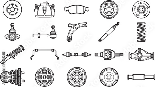 A comprehensive collection of intricate automotive parts, meticulously illustrated, ideal for projects involving mechanics, automotive design, or technical manuals. 