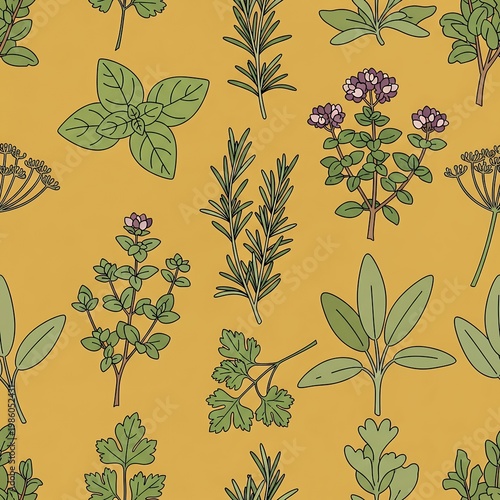 Culinary Herbs Garden Seamless Pattern Botanical Illustration Warm Mustard Background