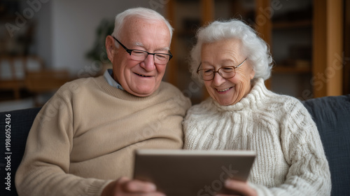 Elderly couple in modest living room, husband monitors wife's remote cardiac patch readings on shared tablet, golden hour, caregiver spousal role, heart failure home management, senior telehealth us