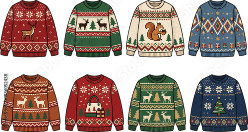  Christmas sweaters with reindeer, squirrel and festive patterns, holiday vector illustration