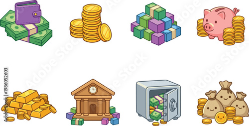 Banking and finance icon set with money bags, gold bars, piggy bank, and safe box