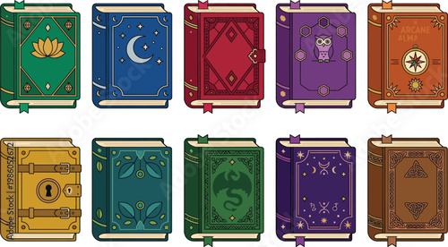 magical ancient spell books with mystical symbols, fantasy alchemy vector illustration collection