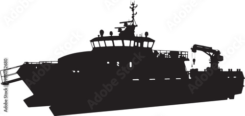 Black silhouette ship, cargo vessel, industrial boat, nautical icon, vector graphic