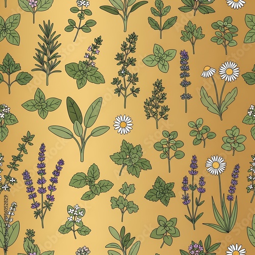 Herbal Garden Pattern Fresh Botanical Illustrations on Gold