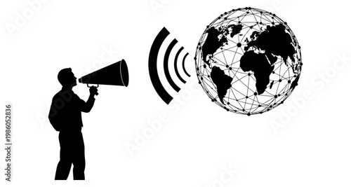 Man with megaphone broadcasting global communication silhouette against abstract network earth