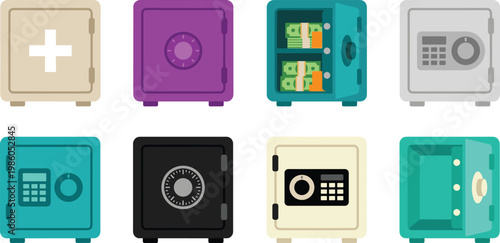 Safe box vector collection, metal security lockers with cash and digital locks, flat illustration set