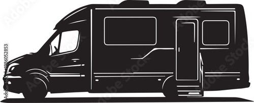 Motorhome, RV, camper van, recreational vehicle, travel trailer, black silhouette, vector illustration