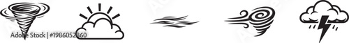Linear cloud vector set with wind swirl and storm eddy outline icons isolated background.
