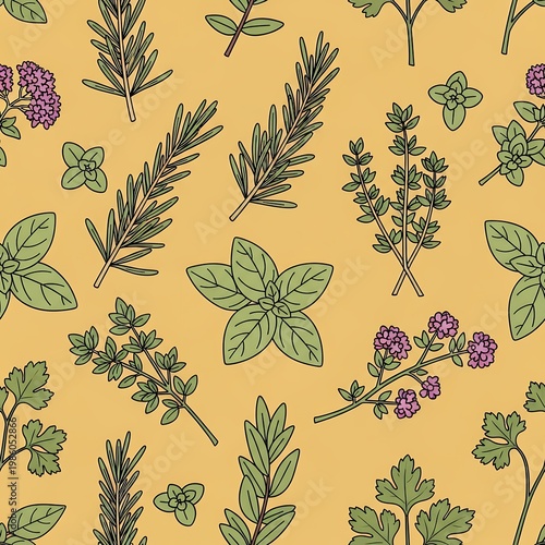 Herbs and flowers pattern on yellow background