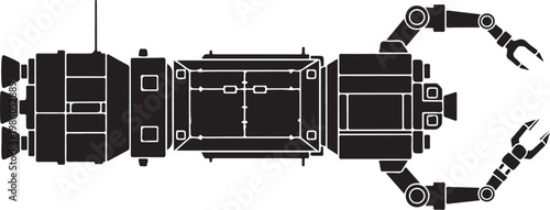 Industrial robot arm, mechanical assembly, black and white illustration, vector graphics