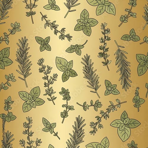 Herbs and leaves on gold background pattern