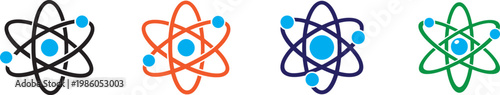 Atom icon set with colorful and black symbols showing electrons orbiting nucleus vector design.