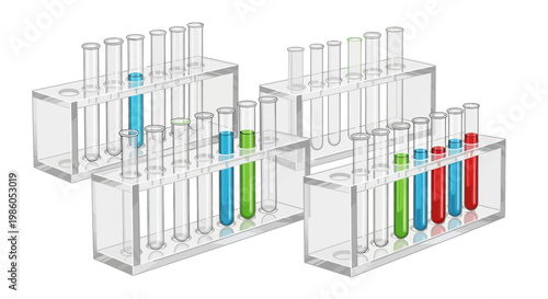 Test tube racks with various colored liquids for scientific experiments