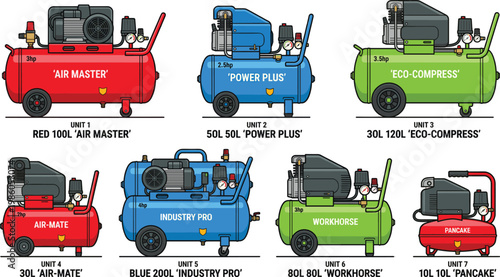 Air compressor unit collection set, industrial pneumatic machinery with different power and tank sizes, vector illustration