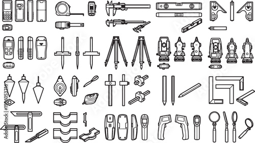 A detailed, illustrative layout showcasing surveying instruments and construction tools, perfectly aligned and isolated on a neutral surface.