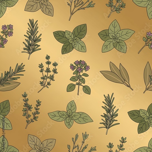 Herbal Garden Pattern Golden Background Aromatic Plants