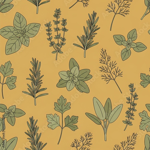 Seamless Pattern of Fresh Culinary Herbs on Yellow Background