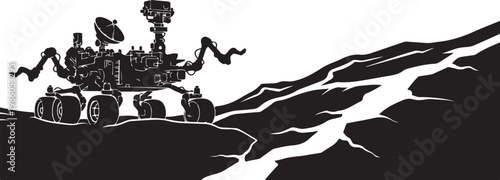 Black, monochrome Mars rover, robotic vehicle, space exploration, illustration