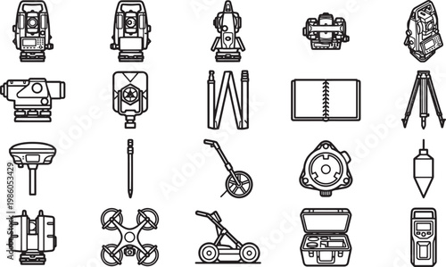 Collection of surveying tools: detailed line art icons, equipment arranged against a clean backdrop, perfect for illustrating construction, mapping, or engineering concepts.