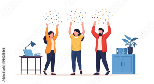 Celebrating Success: Happy Team with Confetti in Office
