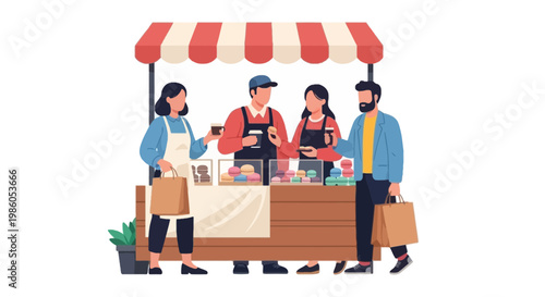 People Shopping at an Outdoor Market Stall with Food and Drinks