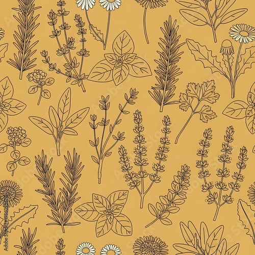 Herbs and flowers illustration on yellow background