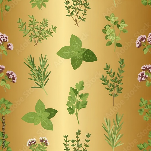 Herbs and plants on golden background